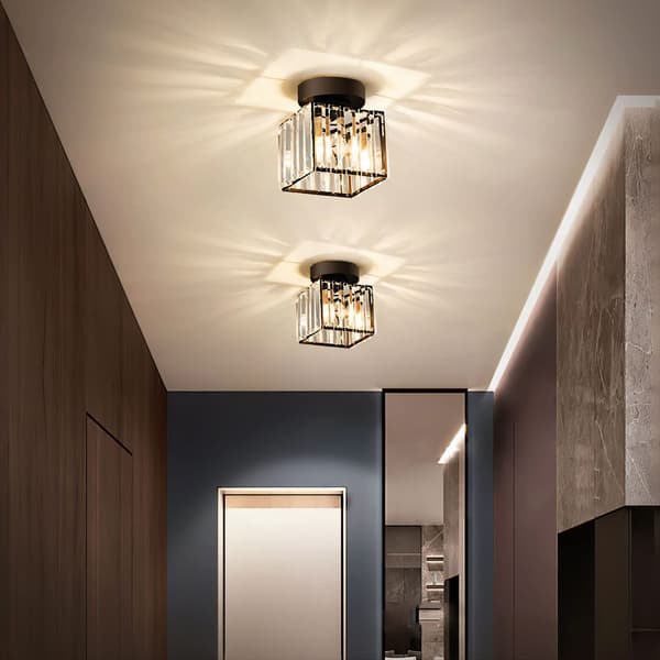 Modern Entrance Crystal Ceiling Light, E27 Mini Crystal Chandelier, LED Ceiling Light Square Lampshade Lamps (Black)