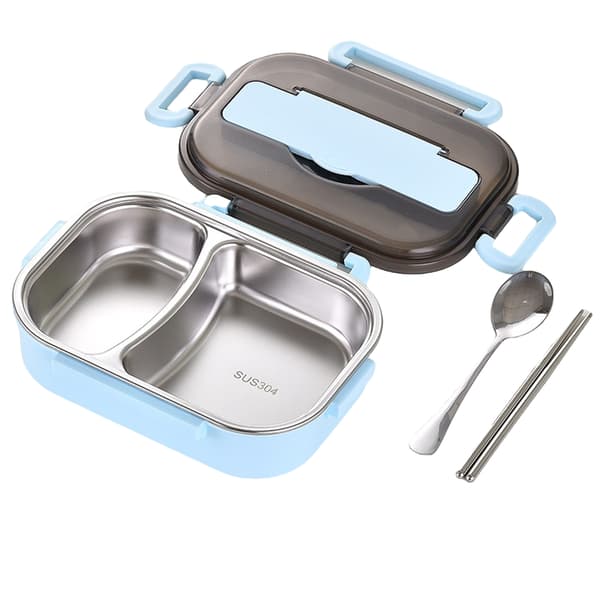 Bentoboxar för studenter rostfritt stål foder dubbellager lunchlåda med lock lunchbehållare för barn vuxen Small 2 Grid Blue