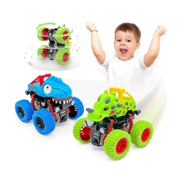 Legetøjsbilsæt med 2 monstertrucks dinosaurer, biler babylegetøjsbil til drenge, gave til 2, 3, 4 og 5-årige [YJD]