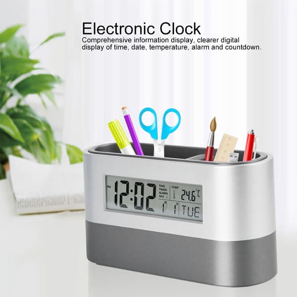 Innovativ pennholder LCD digital elektronisk klokke med evighetskalender temperaturvisning