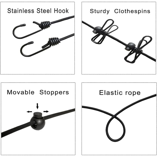 Reisevaskesnor for backpacking, sklisikre klips, elastisk tau, bærbar og plassbesparende design (kan forlenges til 360 cm)