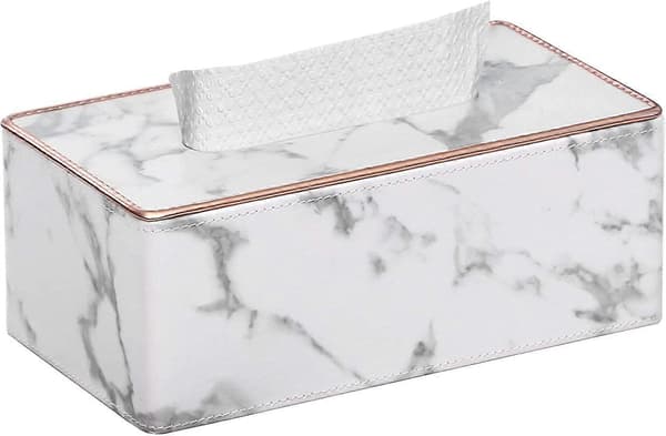 Rectangular PU Leather Tissue Box Facial Tissue Dispenser Box Holder for Vanity Bathroom Decor (White Marble Pattern)