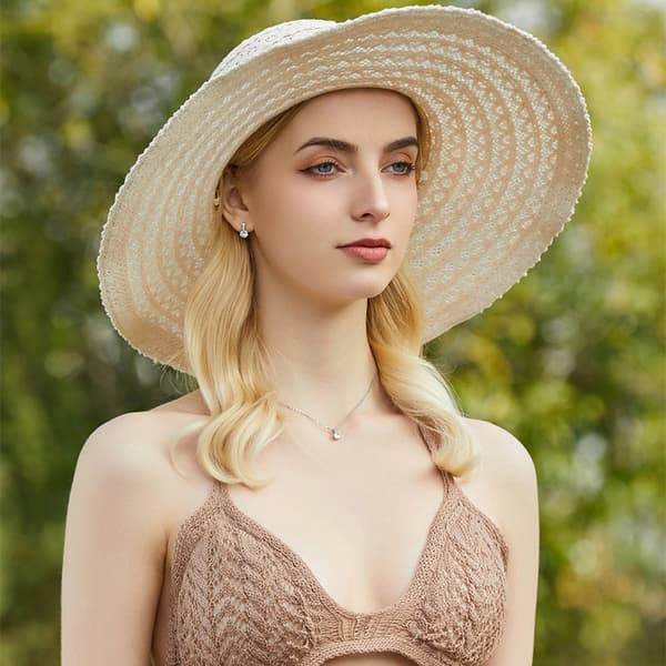 Solhatt for kvinner, sammenleggbar strandhatt med bred brem i blonder for sommeren