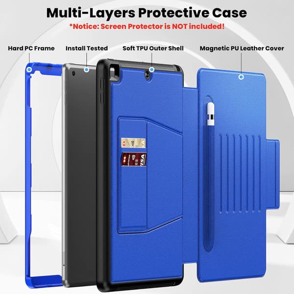 Suitable for iPad 9th/8th/7th Generation 10.2-inch Protective Case, Anti-drop Protective Case, with Pen Holder and Card Slot Blue Blue
