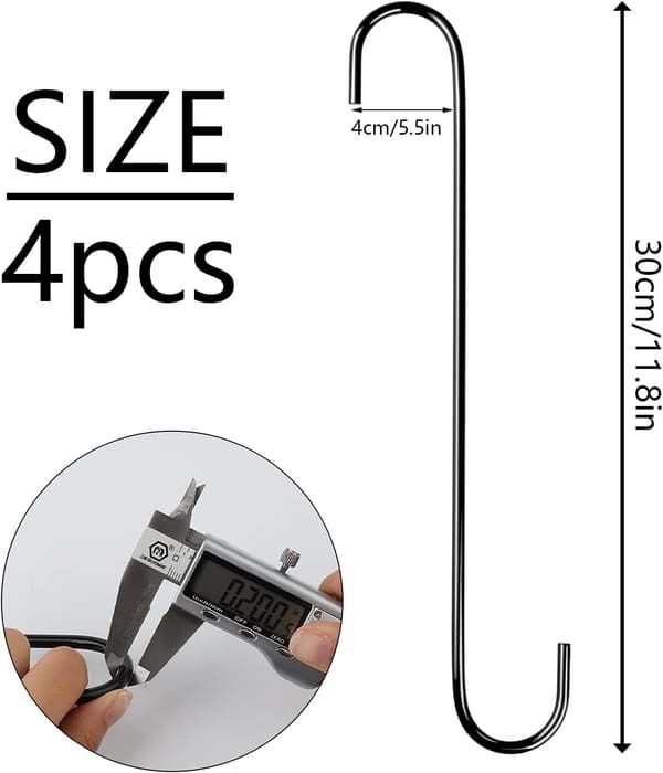 4 kpl 30 cm S-koukkuja keittiöön, suuret ja pitkät koukut kasvien ripustamiseen