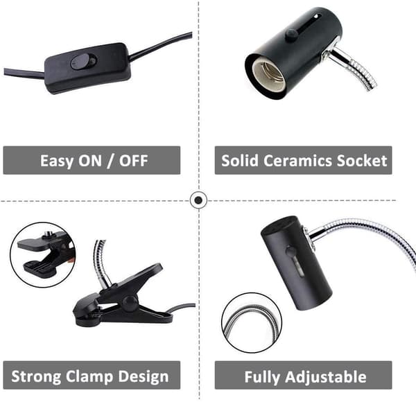 E27 Ceramic Socket with Clamp and 1.3m Cable for Reptile Lamp, Ma
