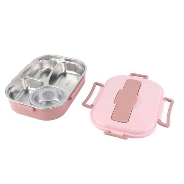Matboks i rustfritt stål med 4 rom Bærbar Bento Box Matlagringsbeholder for studenter og voksne 4-roms matboks med suppeskål: Rosa
