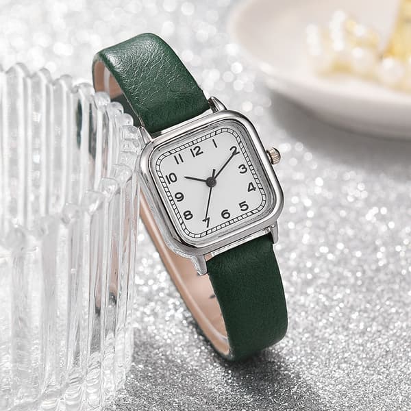 #Women's watch with leather strap and square dial - Dark green#