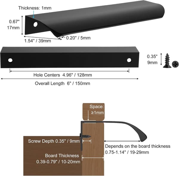 5-pak sorte køkkengreb, 150 mm skabsdørgreb, moderne aluminiumsgreb til badeværelsesskabe, mat sort 150 mm 150mm