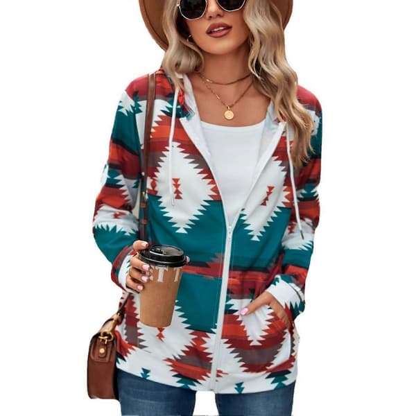 Women's Long Sleeve Hooded Drawstring Pocket Geometric Pattern Casual Fit Coat for Shopping