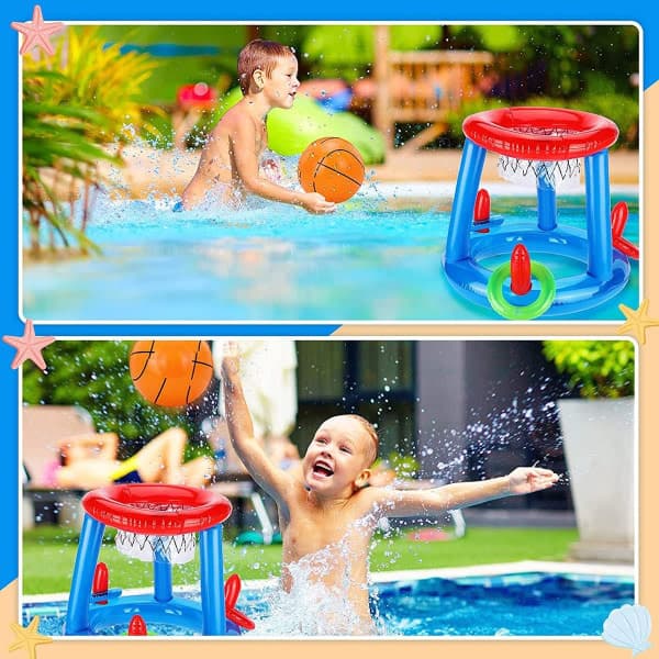 Inflatable Set, Interactive Pool Toss Toy, Floating Pool Basketball Hoop with Balls and Rings