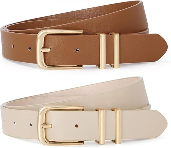 2-delt bælte - Stilfuld retro - Dame - 110 cm - Læder - Hvid/Brun - Damebælte