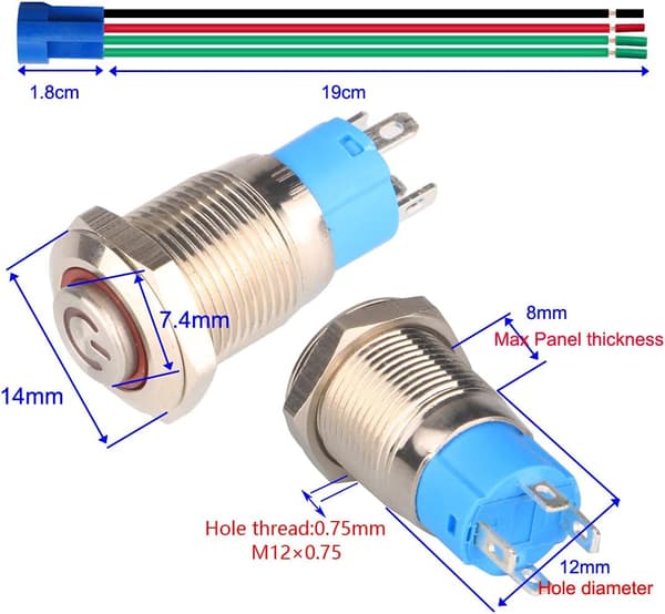 2-pak 12 mm 12V 24V 3A rustfrit stål selvlåsende trykknap