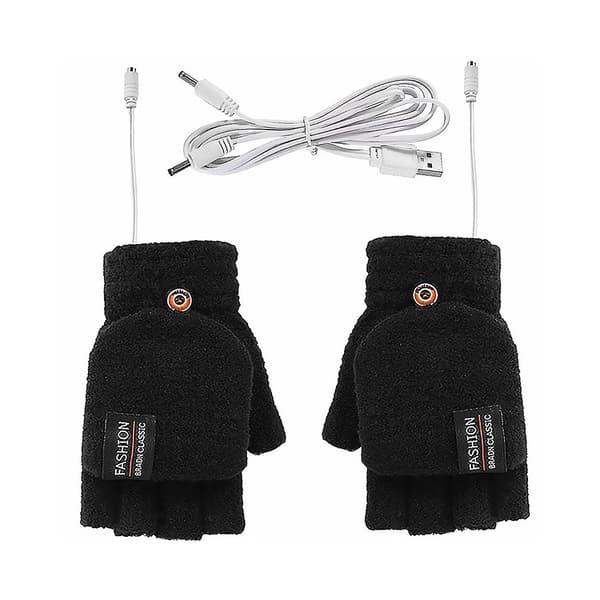 Unisex USB-opvarmede handsker, vinter, hel- og halvfinger, strikkede handsker, varme vanter til mænd og kvinder (sort)