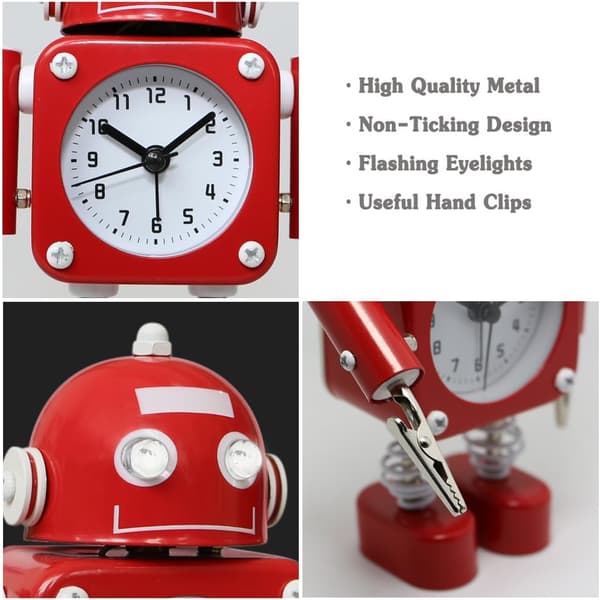 Rostfri metall, icke-tickande robotväckarklocka - Väckarklocka med blinkande lampor och handklämma, rubinröd Ruby Red Ruby Red