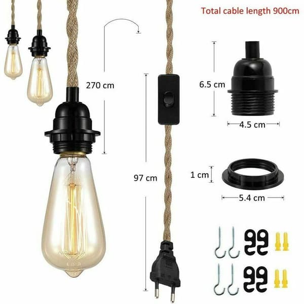 Gør-det-selv hamptov tekstilgarnkrone 3×E27 med afbryderstik 9 meter ledning spisebord café stue