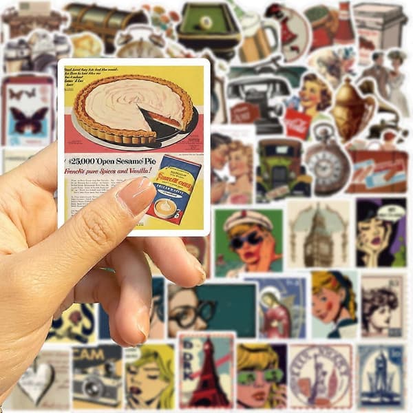 50 stycken retro europeiska och amerikanska datordekaler, klassiska vinylgraffitidekaler för vattenflaskor, dagböcker, resväskor, skateboards, bilar, hjälmar