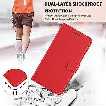Lærfutteral med lommebok og stativ i ensfarget design for Samsung Galaxy S23 - Rød