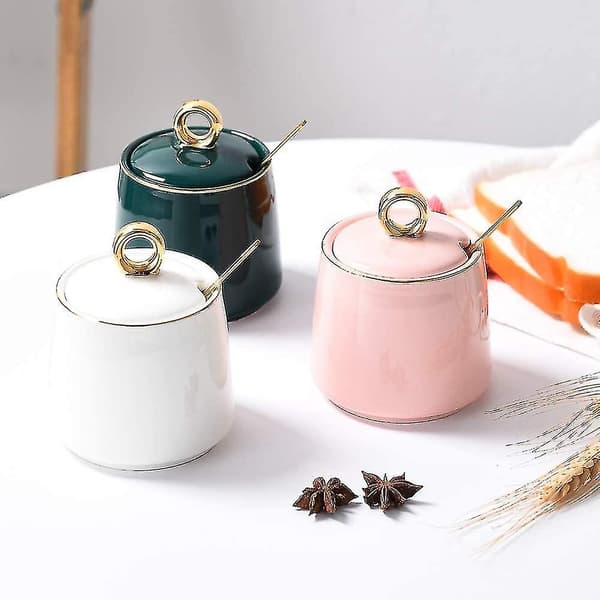 Dispenser Salt Container Ceramic Sugar Jar With Lid And Spoon (FMY)