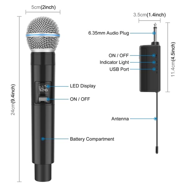 1 til 2 trådløse mikrofoner med LED-display, 6,35 mm sort sender-FA-