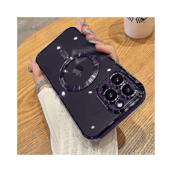 Luxury Transparent Case Compatible with iPhone 14 Max, 13 and 12, Magnetic Silicone Lens Protector - iPhone 14 - Purple