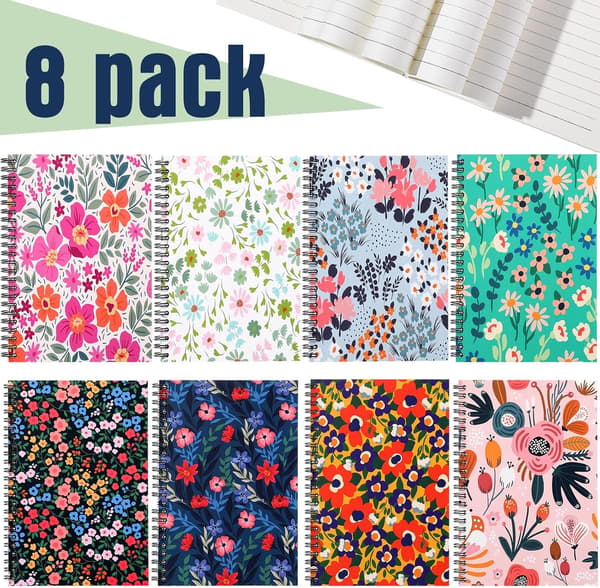 8-pakke A5 spiraljournal blomsternotatbok for kvinner, blomsterstil -