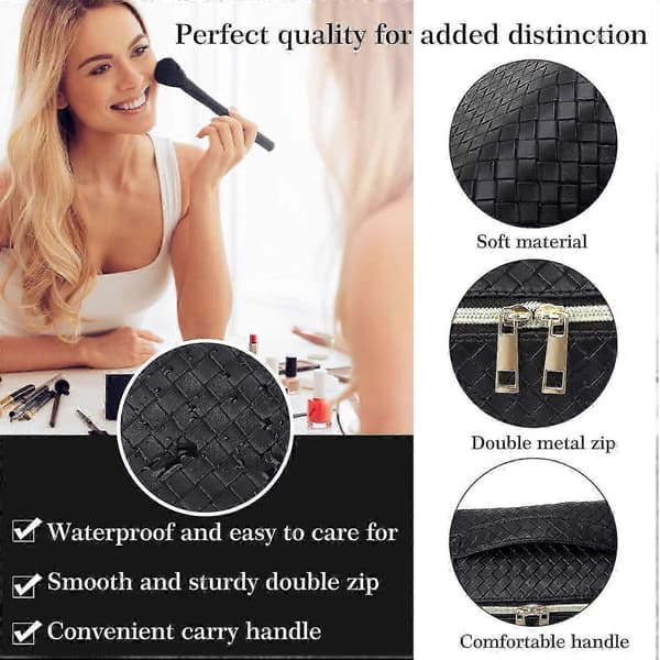 Large Travel Makeup Bag Portable Leather Case with Handle Divider and Flat Style Plaid Design