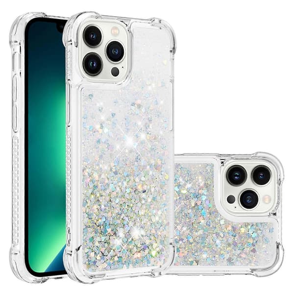 iPhone 13 Pro Max Deksel, Glitrende Glimmer Flytende Væske Transparent Myk TPU Silikon Beskyttende Støtsikkert, Sølv