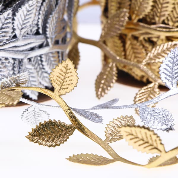 Artificial Leaf Ribbon (2 Rolls, Gold and Silver) with a Width of 45 mm and a Long Leaf Strip with Decorative Rope DIY Craft Gift Packaging