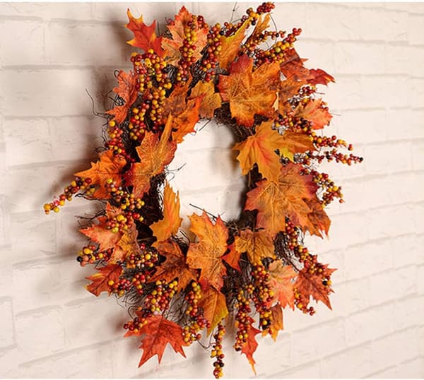 Efterår Dørkrans 45CM Efterårskrans med Ahornblade Bær, Efterår Ahornblad Krans til Halloween Thanksgiving Dekoration