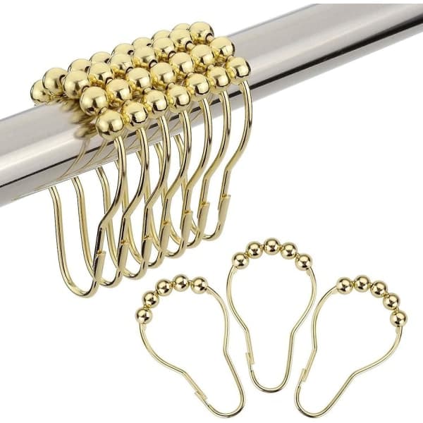 12-pack duschdraperikrokar, guld rostfritt stål metall rostfria duschdraperier med rullkulor för badrumsdraperistänger