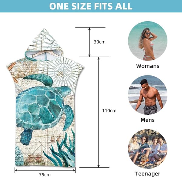 (Sea Turtle) Surf Poncho Towel, Microfiber Quick Dry Fabric Surf Changing Robe with Hood
