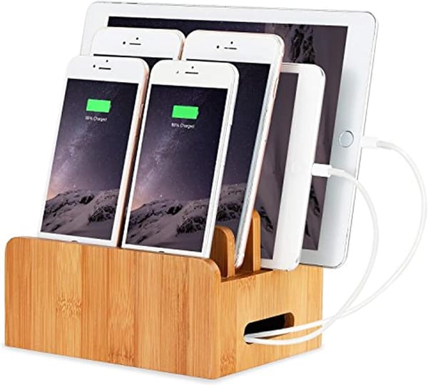 Multienhedsstativ i bambustræ til skrivebord, ladestation, ladedock, holder til iPhone 14 13 12 11 Pro Max XS iPad Mini 4