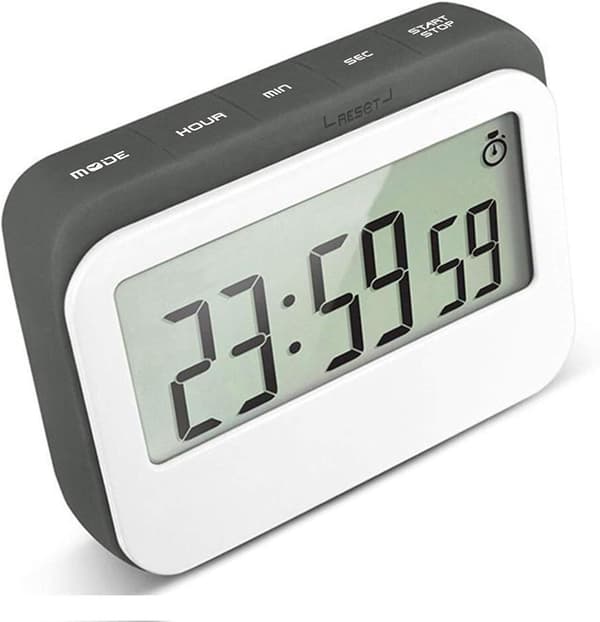 Digital køkkentimer 12/24 timer vækkeur med magnetisk bagside og udtrækkeligt stativ, stort LCD-display