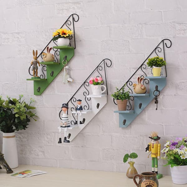 Wall Mounted Shelf with Hooks for Flower Pots, Step Design, Green