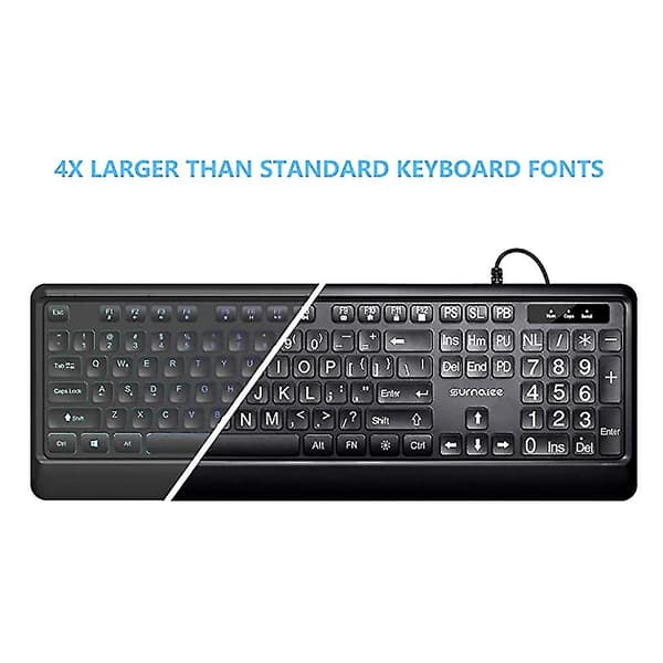 Tastatur med stor skrift, USB-kabel, baggrundsbelysning til synshandicappede begyndere
