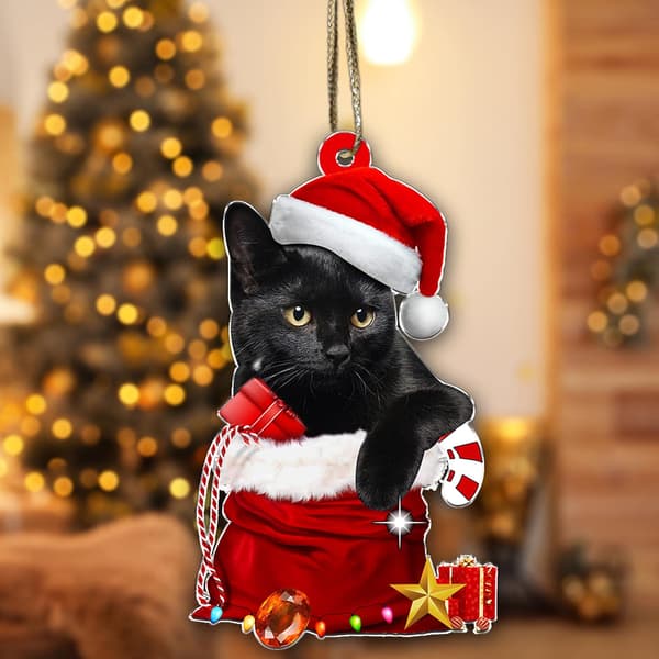 Sort kat Halloween-pynt, sød kat jul, juletræspynt, juletræshængende, top-pynt (kat rød hat, 1)