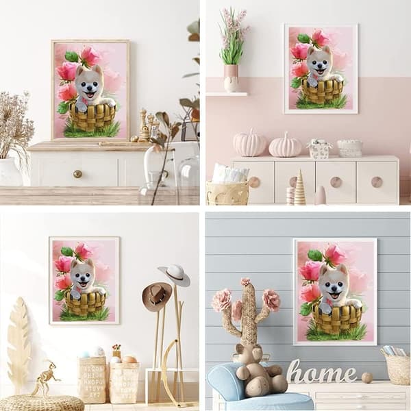 Søt valp DIY diamantmalingssett, blomst diamantkunst håndverk, ro