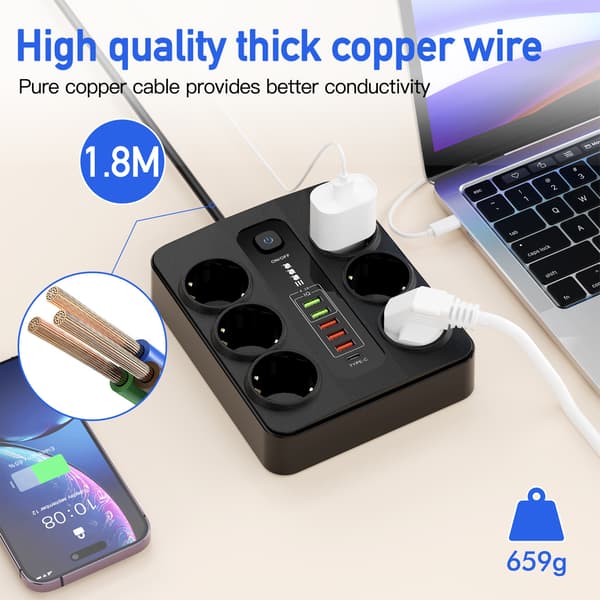 EU 6-vejs stikkontakt, 5 USB-porte, 1 USB-C-port Sort