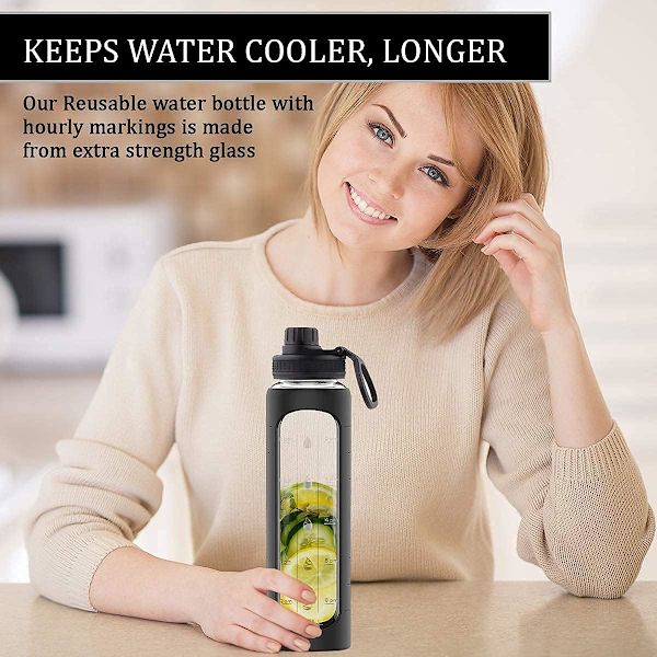 32 oz Glasflaske med Tidsmarkering, 1 Liter Glasflaske, BPA-fri, (Sort Hylster) Black