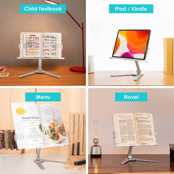 Book Stand, Cookbook Holder Desk Reading, Adjustable Height and Angle, Aluminum Alloy, Foldable and Portable