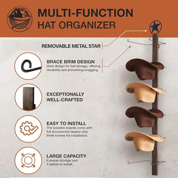 Cowboyhatteholder Vægstativ 6-kroge Træ Western Hat Organizer