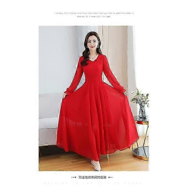 Lang Kjole Dame Rød Chiffon V-hals Langærmet Høj Talje Slank Elegant Fest Balkjoler 188