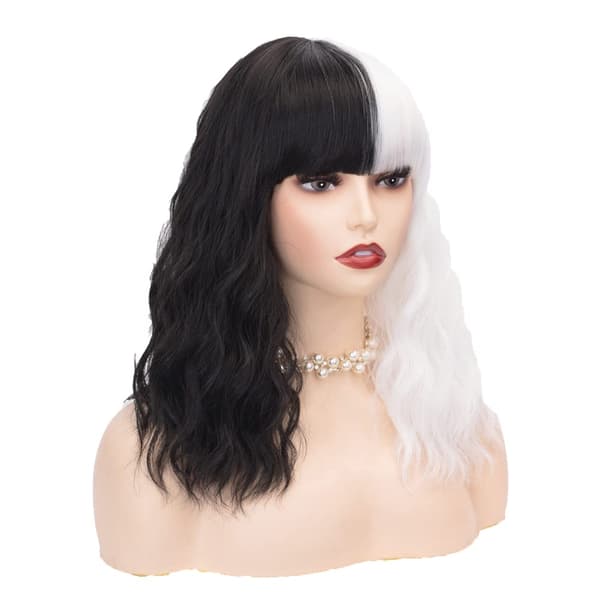 Black and White Full Wig with Bangs, Short Wavy, Heat Resistant