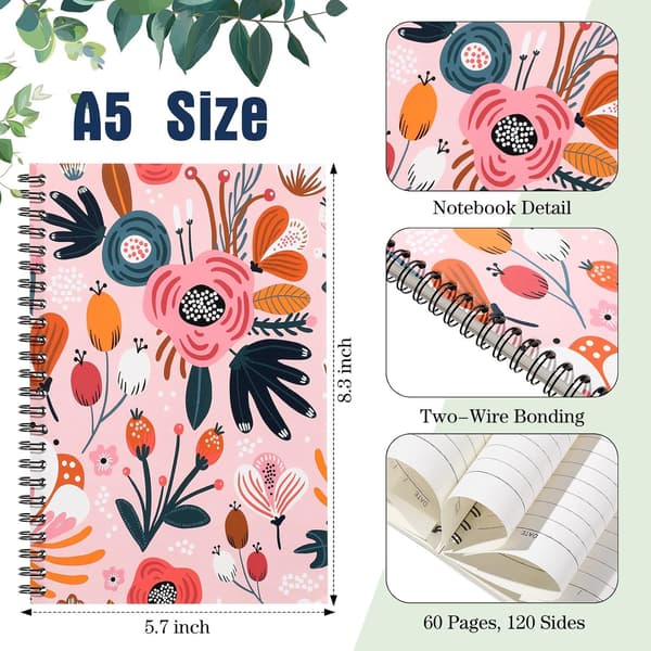 8-pakke A5 spiraljournal blomsternotatbok for kvinner, blomsterstil -