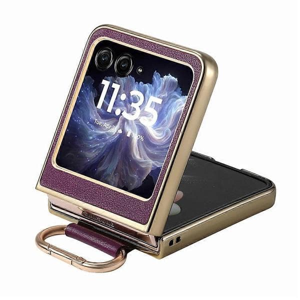 Compatible with Motorola Razr 60 Case Electroplating Leather Coated PC Phone Case with Spring Ring Buckle and Kickstand