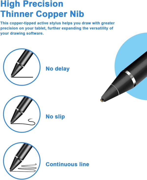 2-in-1 Active Stylus Pen for iOS Android Tablets iPad Air Pro Mini Huawei Samsung Compatible Black Rechargeable Digital Pen