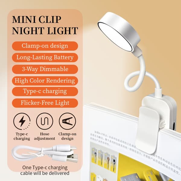 [USB Rechargeable Reading Light] USB Rechargeable Reading Light, Adjustable Brightness 360° Flexible Book Light for Night Reading White Three-color Adjustable White Three-color Adjustable