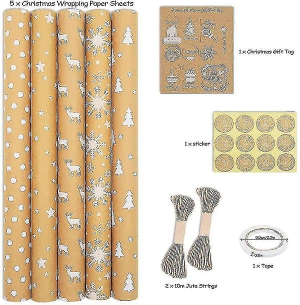 Kraft Christmas Wrapping Paper Roll, Gift Wrap 5 Patterns 99 cm X 43 cm
