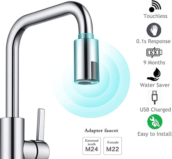 Infrarød sensor vandhane, kontaktløs adapter med bevægelse, vandbesparende sensor til badeværelse køkken, egnet til 22-24 mm